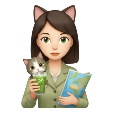 a brunette woman in here 30S drinking an iced matcha, carrying a grey cat and a map of the world sticker