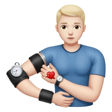 blood pressure cuff wrapped around upper arm with dial reading sticker