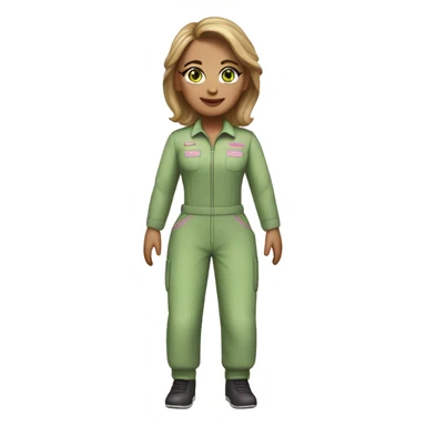 Woman dark blond hair light green eyes  pink  full body jumpsuit flying sticker