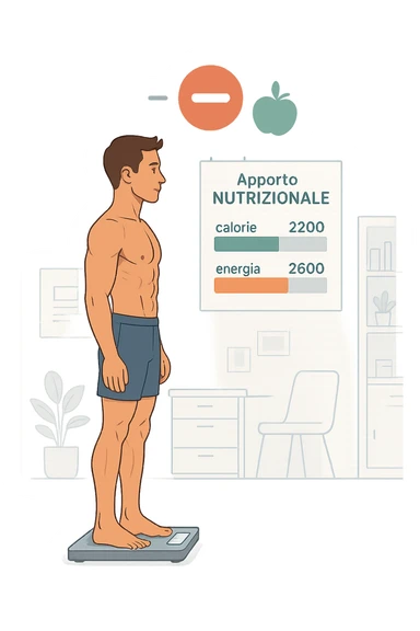 a man stands on a digital scale, looking at a nutrition chart that shows his daily calorie intake is lower than his energy expenditure. Floating icons above his head display a negative calorie balance, and his body appears slightly leaner, with visible muscle definition. The background is a modern clinic, emphasizing the concept of caloric deficit. scritto in italiano sticker