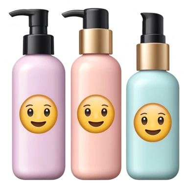 emoji of three different beauty products, with brand labels, minimalistic but luxury design (realistic), pastel colors sticker