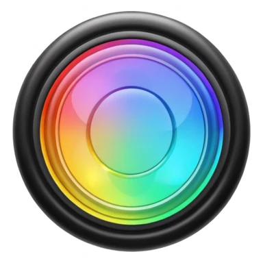 A speaker emoji 🔊 with a smooth CD-like surface that reflects rainbow iridescent colors, glowing RGB light ring around the edge, shiny plastic body, prismatic reflections shifting across the front, soft sparkles and light gleams, holographic sheen, clean simple shape, bright colorful highlights sticker