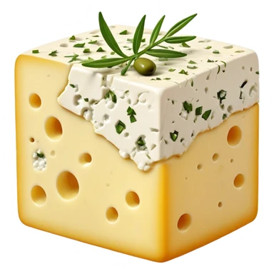 Cinematic Realistic Feta Cheese Dish Emoji, depicted as a block of crumbly, tangy cheese garnished with olive oil and herbs rendered with lifelike detail and soft natural lighting. sticker