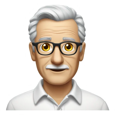 An elderly English man with a kind and dignified appearance, wearing thin-framed glasses. He has neatly combed grey hair and a clean-shaven face with no moustache or beard. He is dressed in a crisp white smart polo shirt with black buttons, sticker
