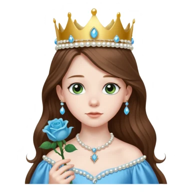 a 12 year old girl with shinny long brown hair and pretty green eyes with pale skin wearing a sky blue gown in a beautiful forest with adorable animals and stunning roses and lilacs surrounding her as she smells the only sky blue rose she is also wearing a crown that has pearls sticker