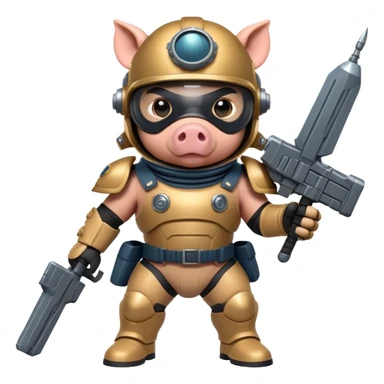pig dressed as a Helldiver, wearing futuristic armor and helmet, holding a sci-fi weapon, heroic pose sticker