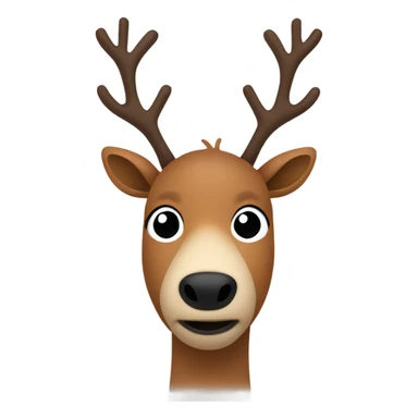 cartoon-style reindeer. It has a brown body with simple, rounded shapes. The head is round, with a large nose and two oblong black eyes in a minimalist style. sticker