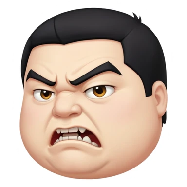 chubby young angry man in profile view with black hair, sharp fangs, crossed eyes sticker