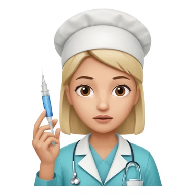 healthcare professional nurse holding a syringe in hand, doubtful expression, raised eyebrows, looking up, half-closed mouth, as if wondering something sticker