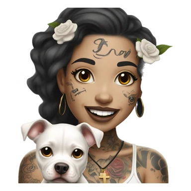 light skin woman with a face tattoo of a cross and long wavy black hair expressing joy alongide a white miniature pitbull  sticker