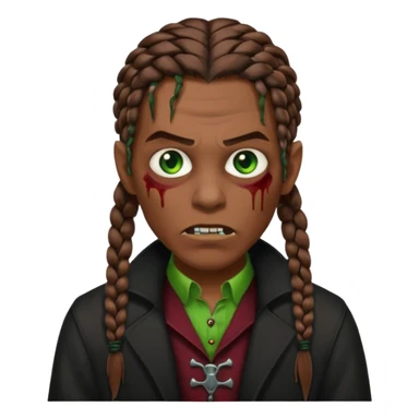 Glued braids men zombie with brown hair color and green eye color, with dark vampire clothes, brown skin sticker