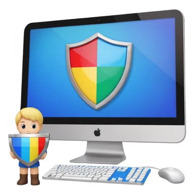 a computer screen with a shield and a child's figurine sticker