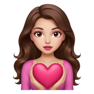 girl with long wavy brown hair, brown eyes, long lashes makeup, sexy pink lips, light to medium complexion, wearing a pink sexy top, holding a big heart sticker