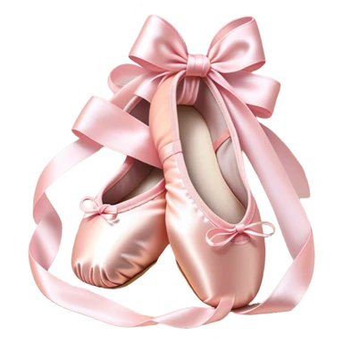 Cinematic Realistic Ballet Shoes, soft satin pink pointe shoes with delicate ribbons, resting gently on a polished wooden floor, subtle creases in the fabric, glowing under the warm golden light of a rehearsal studio, evoking elegance and grace. sticker