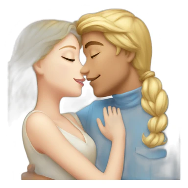 A blond boy with blue eyes who kisses a pretty blonde girl with blues eyes,  with a heart above their heads  sticker