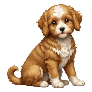 cinematic-[cavoodle dog]-realistic-full-body-sitting-emoji,-tail-resting-loosely-beside-its-paws,-head-tilted-dramatically,-curly-[solid golden]-fur,-simplified-yet-realistic-focused-features,-highly-detailed,-glowing-with-an-almost-sarcastic-glow sticker