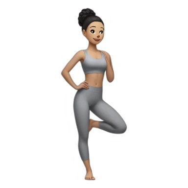 Pale skinned fit woman In a gray tight yoga suit and wristbands With black hair in a bun doing yoga sticker