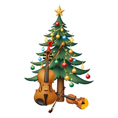 sapin de Noël décoré d'une guirlande lumineuse et de boules  avec un violon à la place du tronc et un petit singe perché au sommet en train de mettre l'étoile de Noël sticker