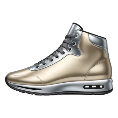A pair of futuristic sneakers emoji made of silver chrome, sleek streetwear design, smooth metallic panels, subtle reflections, luxury swag aesthetic, iOS emoji style, centered, clean white background sticker