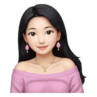 South Korean girl in her mid-thirties with long black hair and a middle part. She is wearing a baby pink, off the shoulder long sleeve knit sweater. She has small gold earrings and a gold necklace. She has brown eyes with narrow, mono lid shape and smiling with lips together sticker