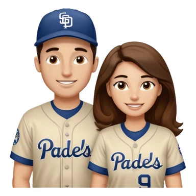 *White* Smiling couple. Woman has big cheeks and a lot of freckles on the nose. long brown hair. Man has black and very short hair and prominent eyebrows with egipcian nose. Both are wearing “Los Padres” baseball jerseys and with a sign that says “Go Padres!” sticker