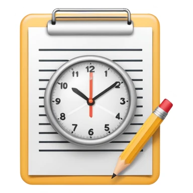 modern minimal emoji-style icon for 'Task 1' in a writing test, a document with a pencil and a small clock overlay, representing writing and time management, educational, clear sticker