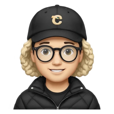 Young man wearing a black puffer jacket, black baseball cap, round black glasses, wavy hair peeking out from under the cap, smiling
 sticker