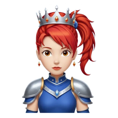 Red Haired Princess, Warrior Princess – fiery red ponytail, silver armor over royal dress, confident stance, silver crown sticker