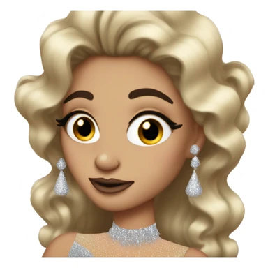 A drag queen with huge long hair and a glittery dress, putting on blusher from a compact sticker