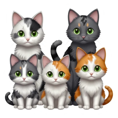 3 different coloured small cats including a dark grey and white, and a patchy calico with hazel eyes and a completely solid dark grey with green eyes and only white paws sticker
