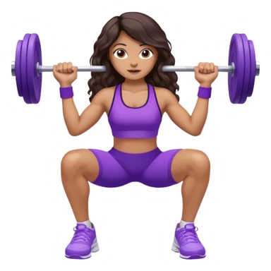 mujer de tez trigueña, con cabello castaño oscuro ondulado no muy marcado, hasta la cadera super largo estilizado, con ropa deportiva morada/lila, tenis blancos deportivos y levantando una pesa sticker