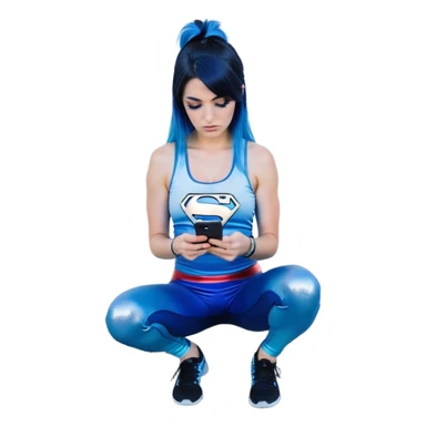 Disapponted-big tears-head back texting on phone-very very large upper body-sexy face-bending forward at waist-very long very straight dark blue to light blue ombre hair-and-blue eyes-thick black eyeliner-long eyelashes-iridescent blue lowcut tanktop with black leggings with glitter superman logo sticker