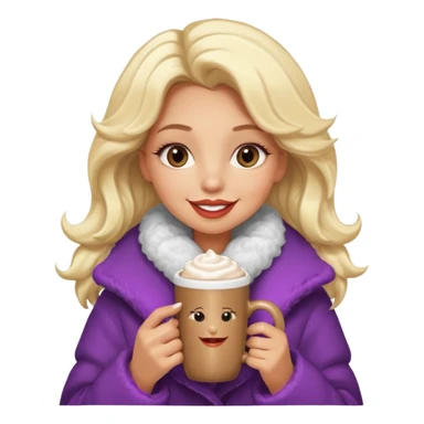 Tanned Girl with lashes , blonde hair, in an extremely big fluffy oversized coat and hold hot chocolate drink and half moon eyes , big lip sticker