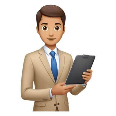 business executive confidently, holding a digital tablet or folder. The character wears smart business attire sticker