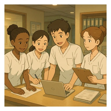 Four nursing students inspired by provided photos, working together in a care station, Ghibli style, white short-sleeve uniforms without collar stand or stethoscopes, no clothing extending from sleeves, medical tunic tops with V-neck and left chest pocket, warm and professional atmosphere. sticker