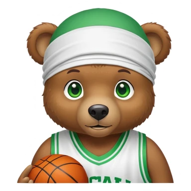 Cute brown bear with green eyes wearing a white durag and a basketball jersey visible only up to the shoulders, iOS emoji style sticker
