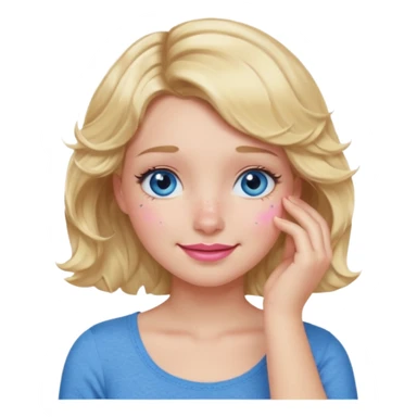 Girl Blonde short wavy hair,  blue eyes, cute blue top, long lashes, pink lips, smiling, 🤦🏻‍♀️ sticker