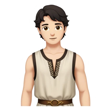 medieval summer outfit worn by a DnD themed fantasy male character. thin, sleeveless cotton tunic with a deep neckline and reinforced stitching around the shoulders. clothes only above the waist. The clothes full waist. The character's haven't arms. character is white-skinned, black hair, brown eyes, short wavy hair. sticker