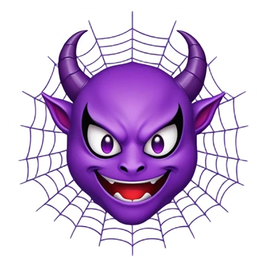 An exact purple smiling devil emoji (😈) inside the exact spider web emoji (🕸️). The purple devil must be pixel-perfect, identical to the official Unicode emoji style — no changes in its face, horns, expression, eyes, or mouth. No modifications, accessories, artistic style changes, or reinterpretation. No bowtie, no color shifts, no extra glow, no background. Just the standard devil emoji placed exactly in the center of the spider web emoji. Both emojis must appear exactly as they do on Apple/Google. Flat, 2D, minimal style. sticker