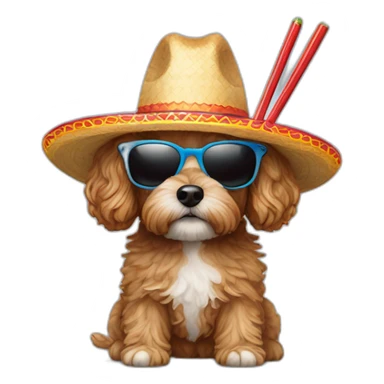cavapoo wearing sunglasses and sombrero holding chopsticks sticker
