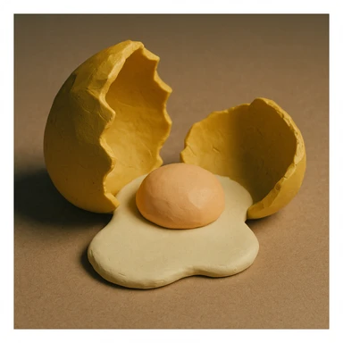 A golden broken egg in claymation style with a visible yolk, matte texture with visible fingerprints, pastel colors. sticker