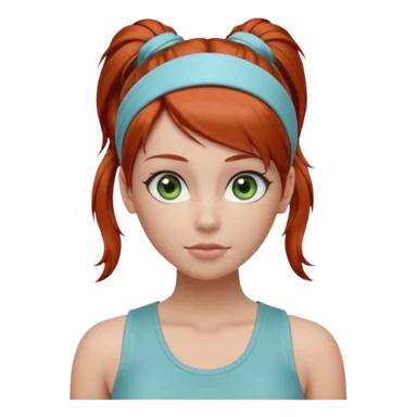 Emoji-style 3D female avatar with fair skin, large green eyes, soft makeup, and auburn-red hair tied in a high ponytail with a light blue hairband.
Wearing a light gray sleeveless tank top, centered front view, smooth realistic shading, clean lighting, isolated background, polished emoji realism. sticker