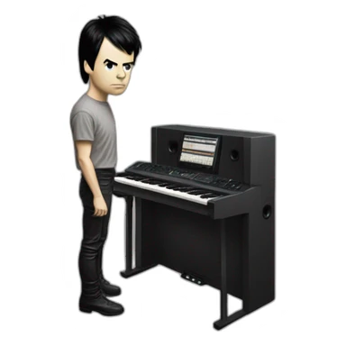 photo-realistic Gary Numan in 1979, standing upright, playing a Mini Moog, front-view perspective, sticker