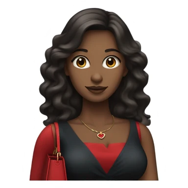 A woman with long wavy dark brown hair,fair skin and blue eyes,in a black dress holding a red birkin bag sticker