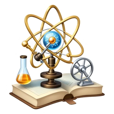An icon featuring an atom, a physics book, and a pendulum, symbolizing physics. The design includes a microscope, a compass, and light rays, representing the study of energy, forces, and matter. Transparent background highlights scientific exploration and physical laws. sticker