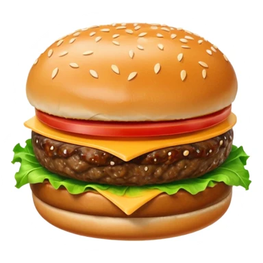 A classic single patty hamburger emoji, 3D Apple style, glossy and colorful. Soft rounded bun with sesame seeds, one beef patty, fresh lettuce, tomato slice, melted cheese, realistic but cartoonish look, clean white background sticker