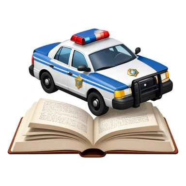 Icon for Action & Crime Reading: an open book with text, from which a police car is driving out along the pages, with explosions behind, a helicopter flying overhead, and a pistol with ammo and grenades in front. Transparent background. sticker