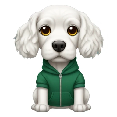 Dog white cute maltaise wearing a dark green hoodie  sticker