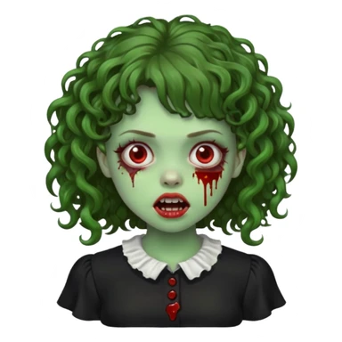 Green zombie emoji girl with curly Brown hair, with curly bangs, wearing a black bluse, blood Just in the tongue  sticker