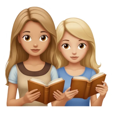 two beautiful girls in beige tops reading a beautiful vintage book. one is brown-haired, the other is blonde. both have long hair with sticker